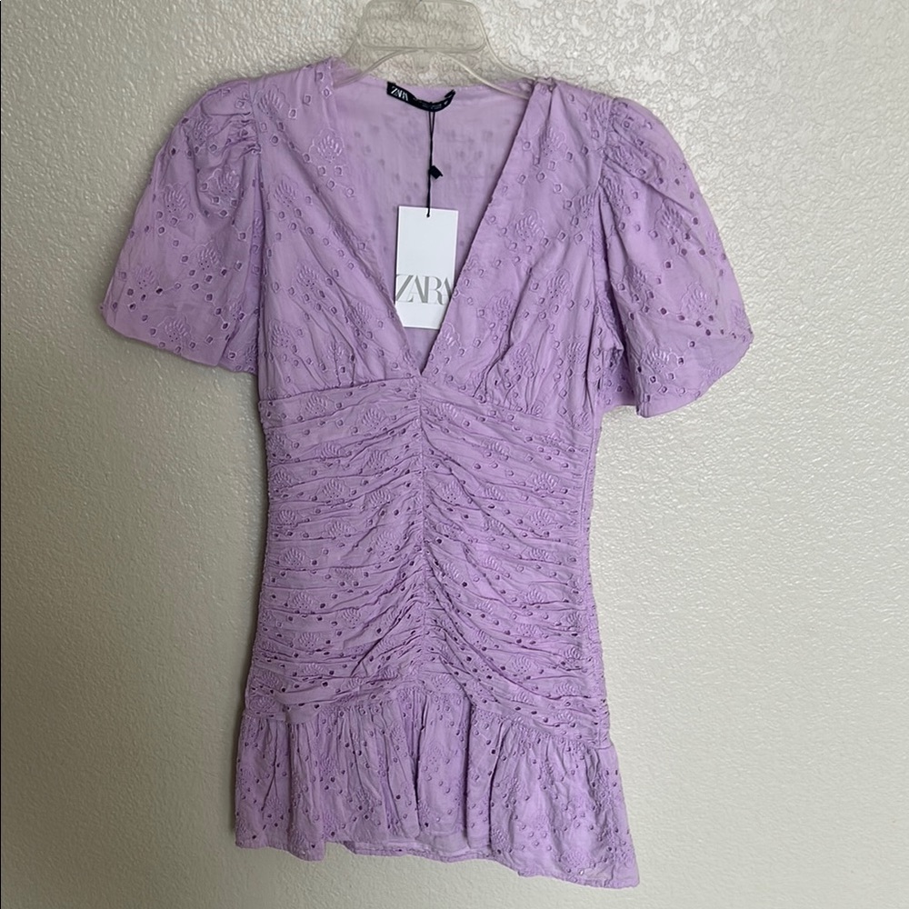 Zara Women's Purple Eyelet Ruched Dress